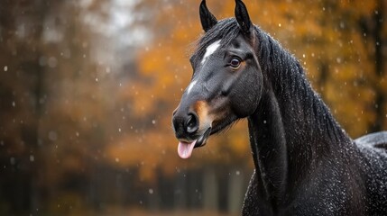 Playful horse sticking out tongue close-up 