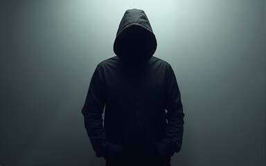 Mysterious figure in dark hooded jacket minimalist backdrop sleek design cool tones. High quality