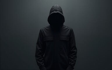 Mysterious figure in dark hooded jacket minimalist backdrop sleek design cool tones. High quality