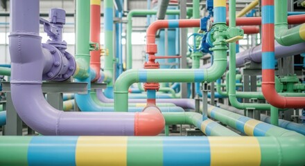 Intricate network of brightly colored industrial conduits and valves fills the frame