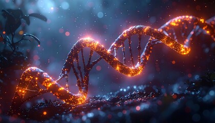 Glowing, twisting strand of DNA-like structure over a dark, textured surface with bokeh-like glowing orbs and blurred foliage