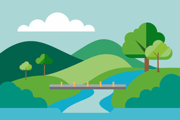 Obraz premium Vector illustration of a green summer mountain landscape with a river, trees, and hills under a sunny blue sky with clouds over a flowery meadow field