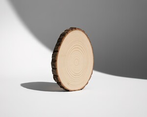 Single wood log slice standing upright with bark and growth rings on white cross section tree