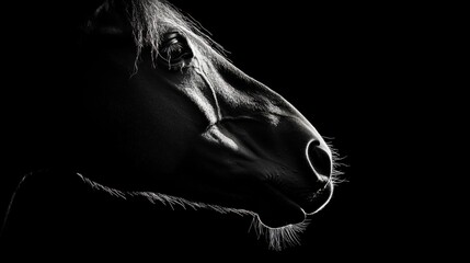 Silhouette of horse face close-up with backlight 