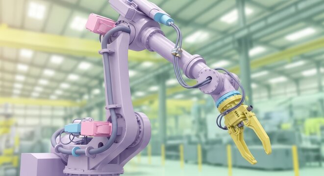 Automated industrial articulated arm gripper performs task within a large production facility