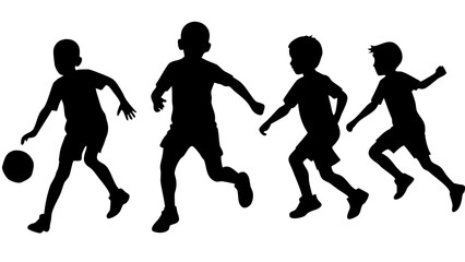 Silhouette of young boys playing soccer and running in a dynamic action scene representing childhood energy and teamwork on a white background perfect for sports themed designs