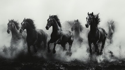 Silhouettes of horses running in a herd 