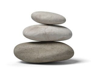 Stack of three smooth, balanced grey and white stones on a white background rocks pebbles