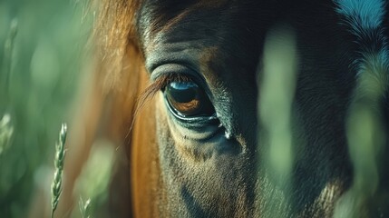 Soft focused close-up horse face against green field