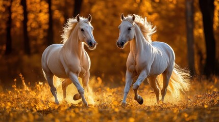 Two horses running toward camera in golden light