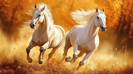 Two horses running toward camera in golden light