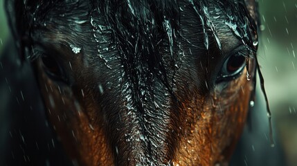 Wet horse close-up face after rain