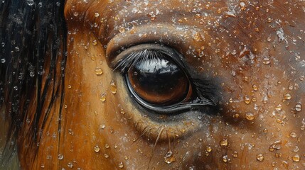 Wet horse close-up face after rain