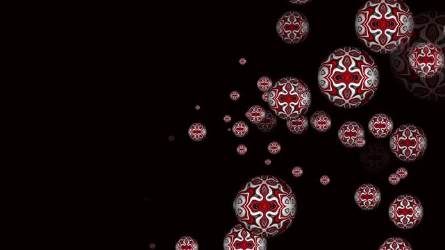 Floating red patterned spheres moving randomly across a dark background.