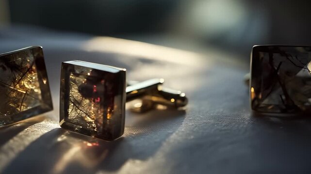 Two exquisite cufflinks rest on a smooth surface, showcasing the intricate designs and elegant textures of each cufflink. The cufflinks reflect light beautifully, enhancing their c