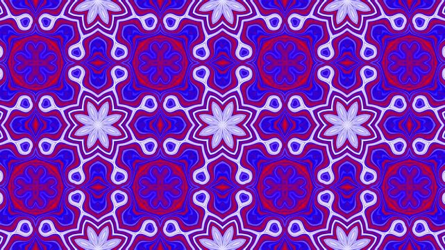 Geometric kaleidoscope pattern with blue, red, and purple symmetrical shapes.