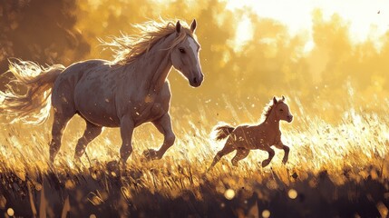 Young foal running beside its mother