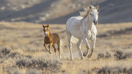 Young foal running beside its mother