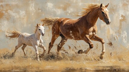 Young foal running beside its mother