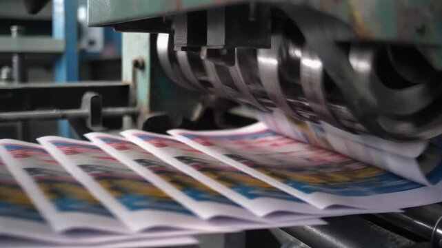 Close-up of a printing press in operation, producing stacks of freshly printed magazines or newspapers.