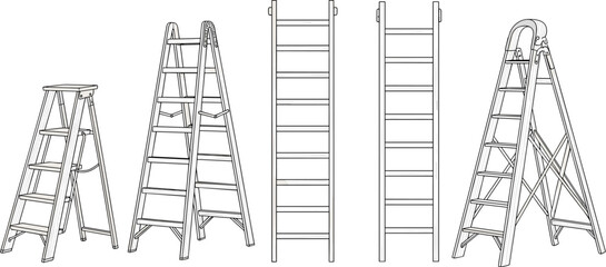 Line Art Ladder Types Comparison Featuring Step and Straight Designs for Construction UI, Safety Graphics, Utility Illustration, Access Equipment Assets © Lutfun Creatives