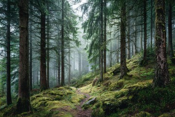 Fototapeta premium Mist hangs over a peaceful conifer grove and winding path