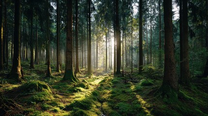 Misty forest scene with sunbeams piercing the canopy