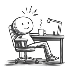 Alert stick figure character generating new ideas while working on a laptop with hot coffee