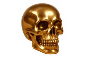 Golden human skull object against transparent background, representing death, wealth, power, and memento mori concept