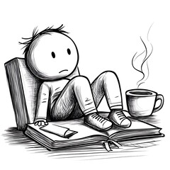Cartoon person resting on a stack of books with an open book and steaming coffee cup