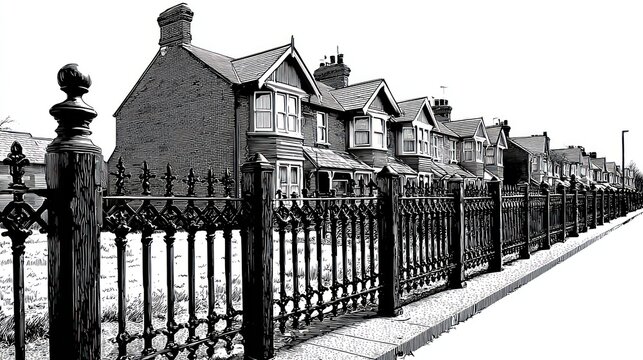 Fototapeta Black and white photo depicting row of classic houses behind an ornate wrought iron fence
