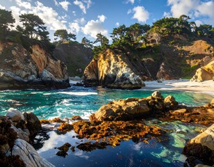 Coastal cove with aquamarine water, sandy beach, rocky cliffs, and lush green trees under a partly cloudy sky
