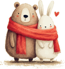 Heartwarming watercolor scene of a bear and rabbit standing close together wrapped in one large red scarf - vector illustration