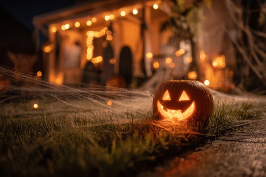 Moody backyard Halloween decor at night, illuminated pumpkins and creepy ambient lighting