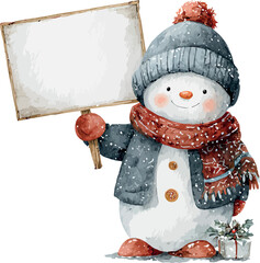 Whimsical watercolor depiction of a cheerful cute snowman holding a blank board on a clean white backdrop - vector illustration