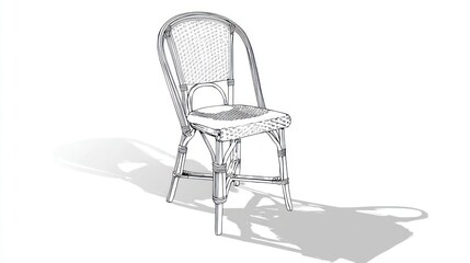 A detailed line drawing of a wicker chair with a rounded back and cushioned seat, casting a shadow