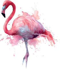 Graceful watercolor rendering of a vibrant pink flamingo standing elegantly with soft artistic detailing - vector illustration
