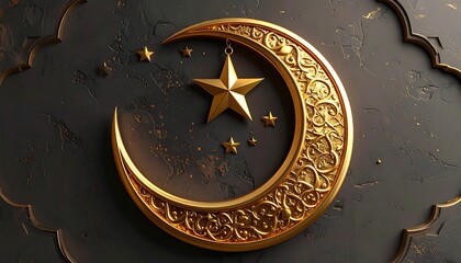 Golden crescent moon and star ornate design against a dark, textured background with arabesque styled edges