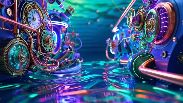 Colorful steampunk machines with pipes and gears reflect in surreal rippled water