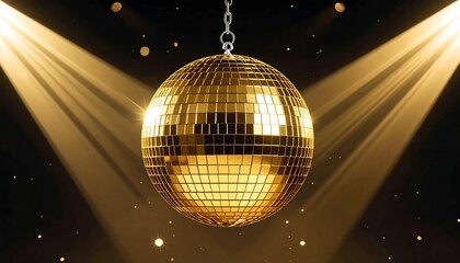 Golden disco ball hangs illuminated by spotlights against a dark backdrop with bokeh