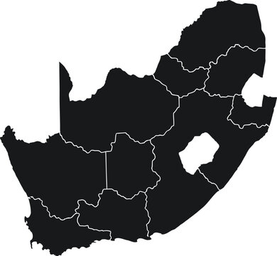 Black silhouette map of south africa with internal provinces, isolated on white background