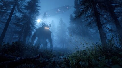 Mystic horror scene: monstrous figure amid fog and an eerie aerial craft