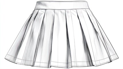 A white, pleated miniskirt rendered in a sketch style, showcasing its structured design