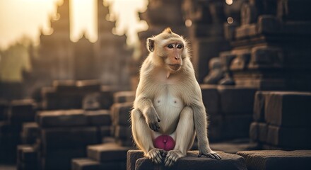 Monkey Contemplation at Ancient Temple Ruins.