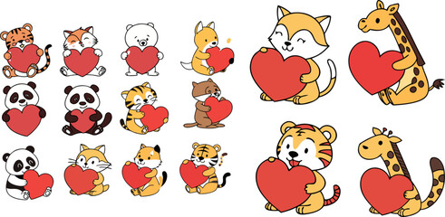 Cute animals holding hearts for Valentine’s Day. Perfect for greeting cards, love posters, kids crafts and romantic clipart. Vector EPS