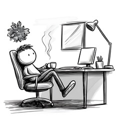 Casual Stick Figure Working at an Office Desk with Feet Up and Coffee