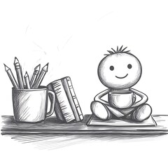 Charming hand drawn stick figure enjoying a steaming cup of coffee next to school supplies