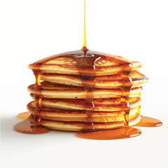 Stack of Pancakes with Dripping Syrup Isolated on White Background.