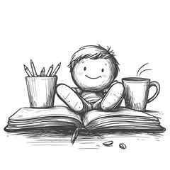 Cheerful Cartoon Figure Sitting on a Book with Art Supplies