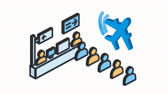 Isometric illustration of airport check in counter and airplane for travel concepts